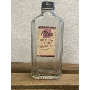 Vintage Elson Hard Soldering Solution Clear Glass Bottle With Paper Label 5.25"